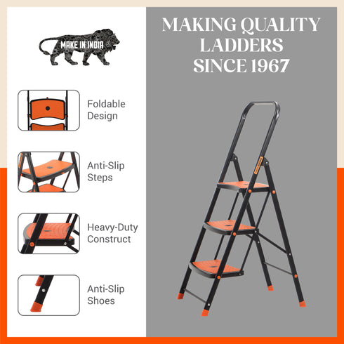 Bathla Boost Rhino 3 - Step Foldable Steel Ladder for Home (Black + Orange)